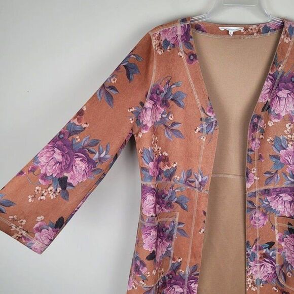 Solitaire Size S Floral Faux Suede Open Front Kimono Jacket Duster Multicolor - Picture 8 of 12